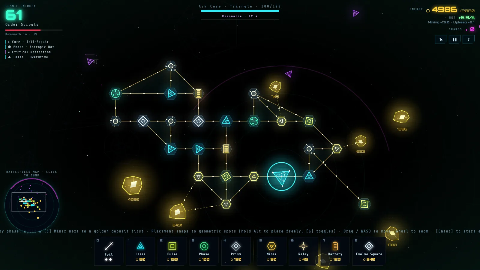 A Geomeria battlefield: a golden power grid of hexagonal towers around the cyan Ark core, energy deposits glowing nearby.