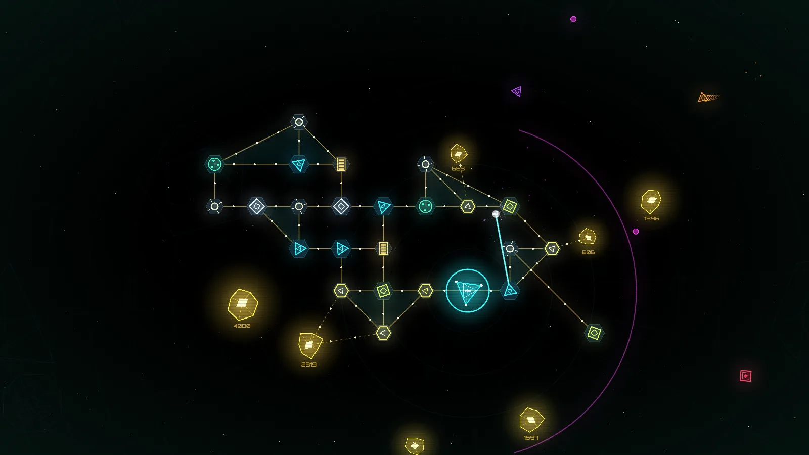 A Geomeria battlefield: a golden power grid of hexagonal towers around the cyan Ark core, energy deposits glowing nearby.
